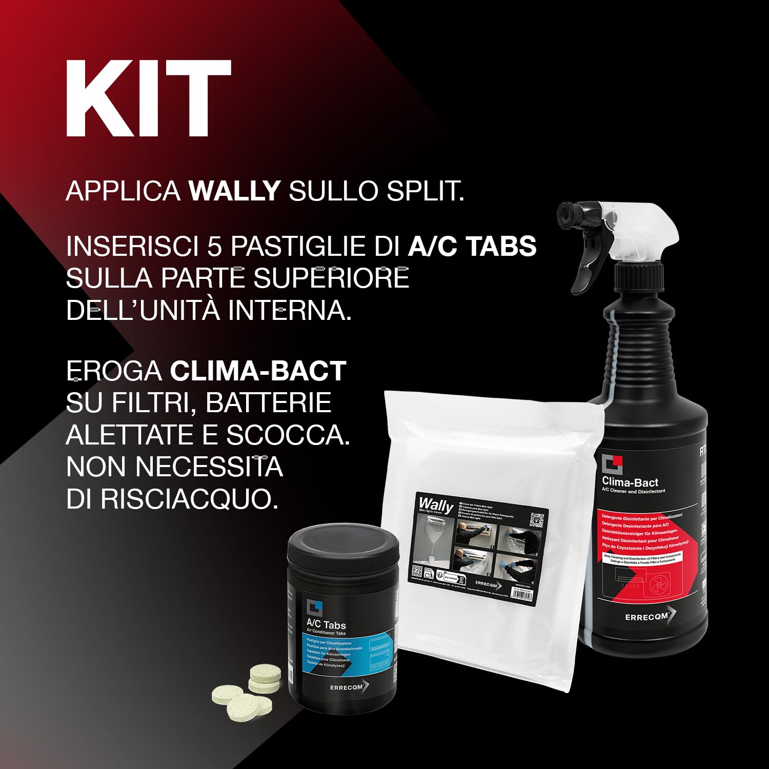 Errecom Kit Pulizia e Disinfezione Climatizzatori, Clima-Bact Detergente Disinfettante Biocida Registrato 1 L + Wally Cover Protezione Split + A/C Tabs 40Pastiglie Climatizzatore ad Azione Prolungata