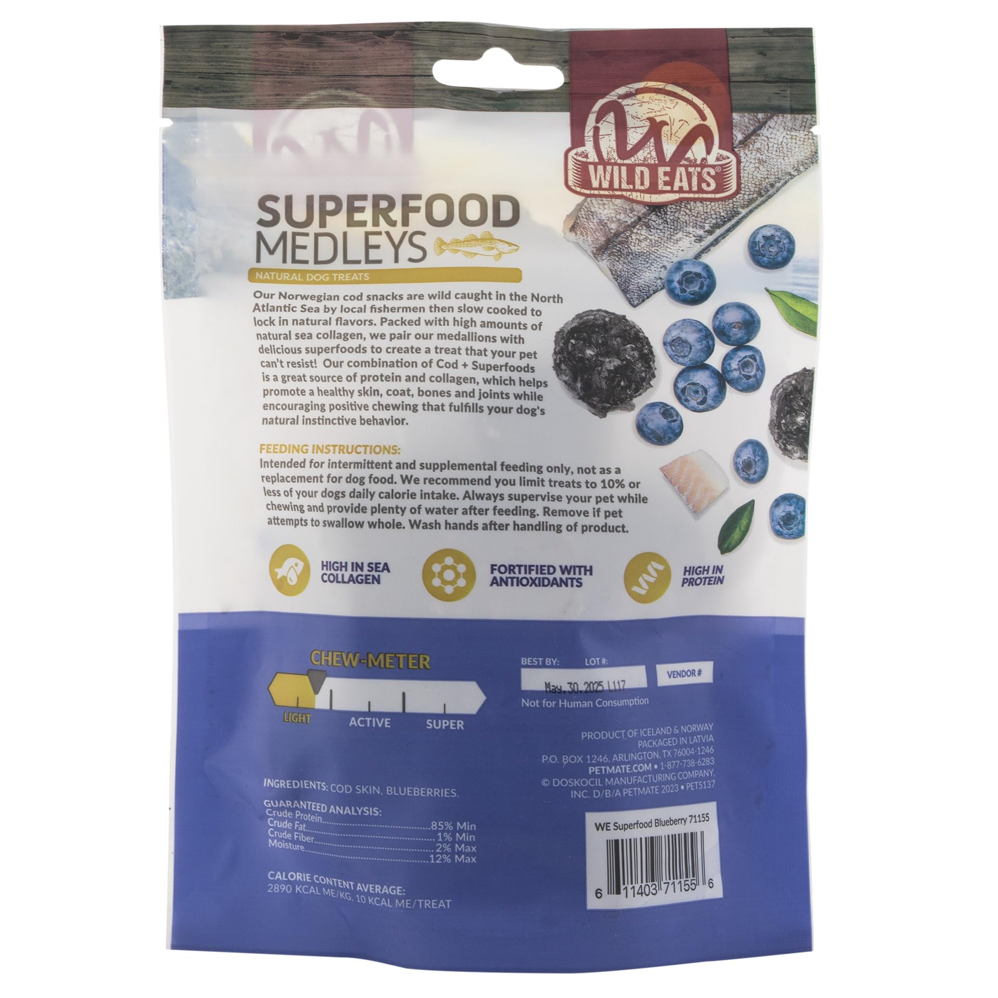 Condition photo showing Brand New for wild eats cod skins dog treats with real blueberry, 3 oz, superfood snack | limited ingredient training rewards, high in antioxidants, protein and marine collagen, for small, medium and large breeds
