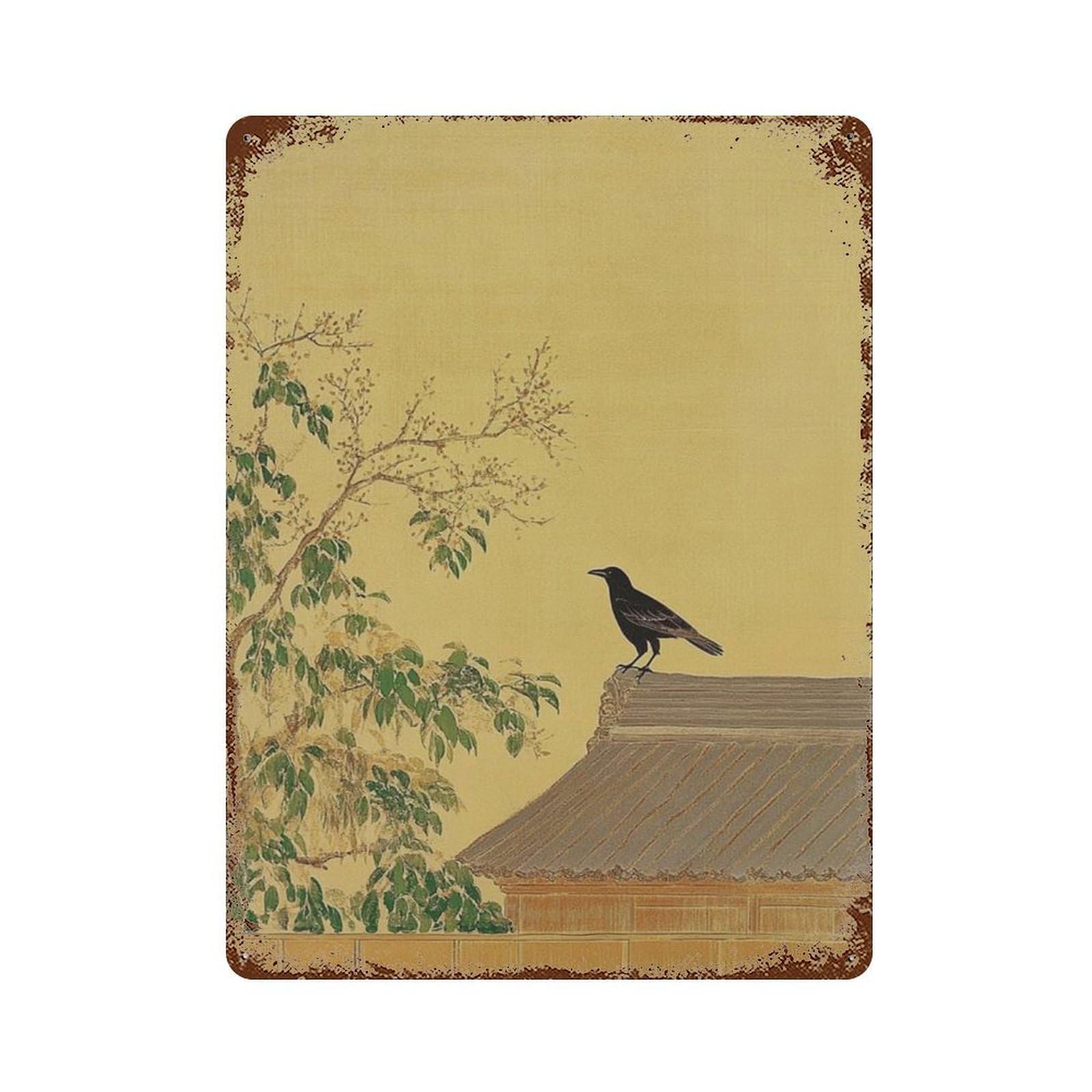 xiaoxiaoshen Crow Bird Japanese Style Minimal Nature Landscape Wall Decor Art Metal Tin Poster Modern Home Decor Art Home Bar Shop Decorations Vintage Sign 40x30cm