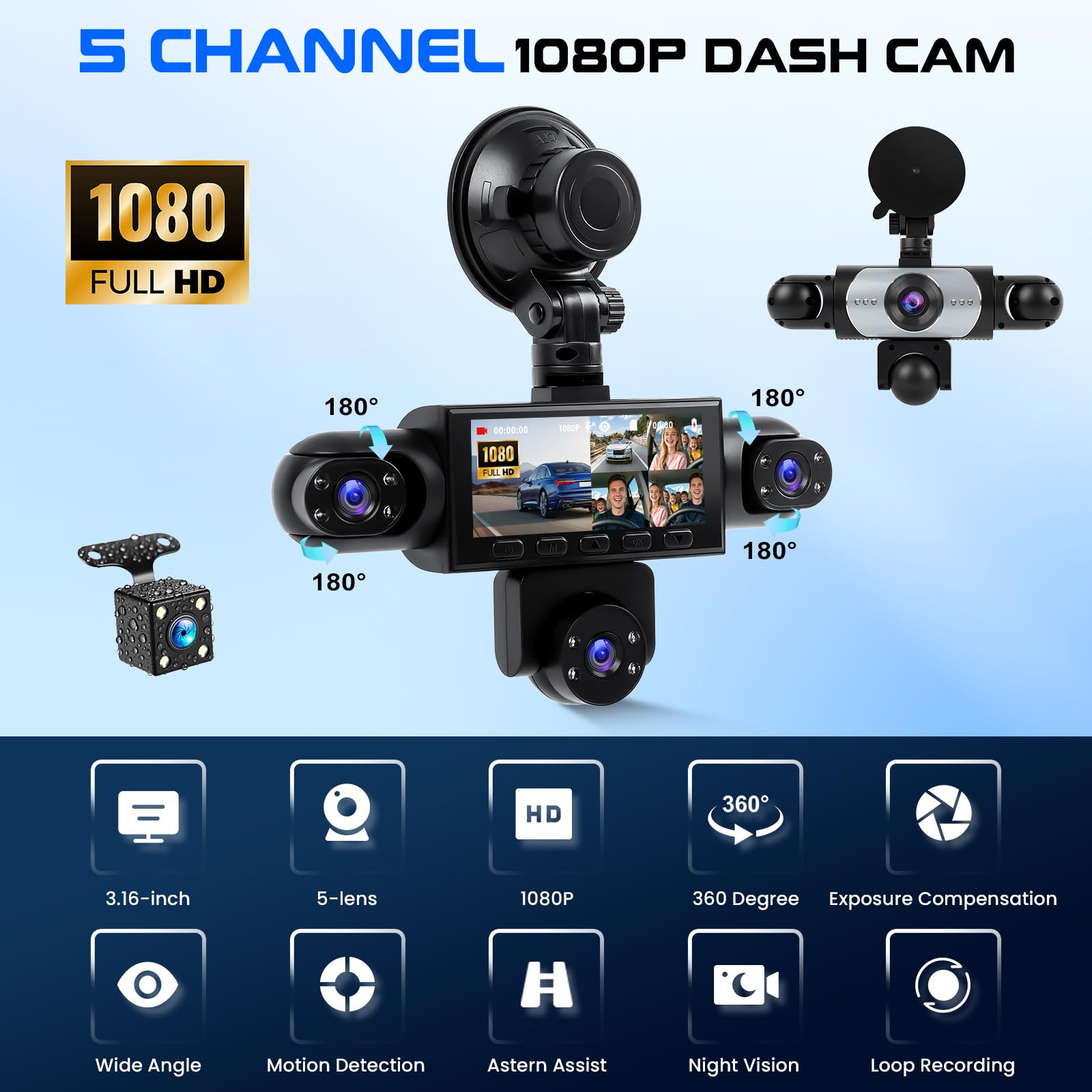 CAMECHO 5 Canales Visión Nocturna Dashcam 1080P Rotación 360° Cámara para Coche, Pantalla Dashcam de 3,16'' Modo Aparcamiento, Ayuda de Marcha Atrás, Grabación en Bucle, Detección de Movimiento