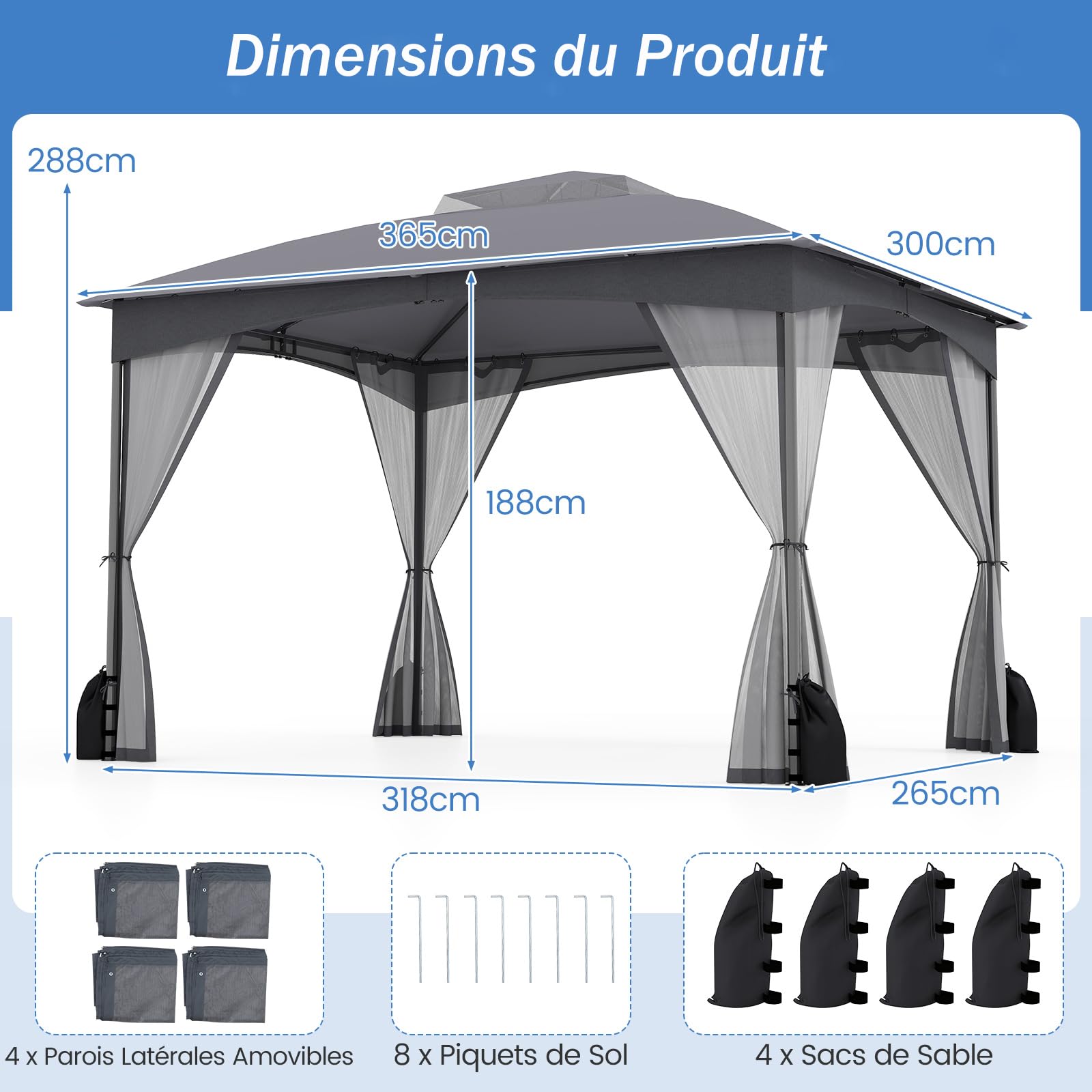 RELAX4LIFE Tonnelle de Jardin Exterieur avec Moustiquaire, Pavillon de Jardin, Protection Solaire, Cadre Métallique, Sacs de Sable, Montage sans Outil, Tente de Reception pour Terrasse Patio (Gris)