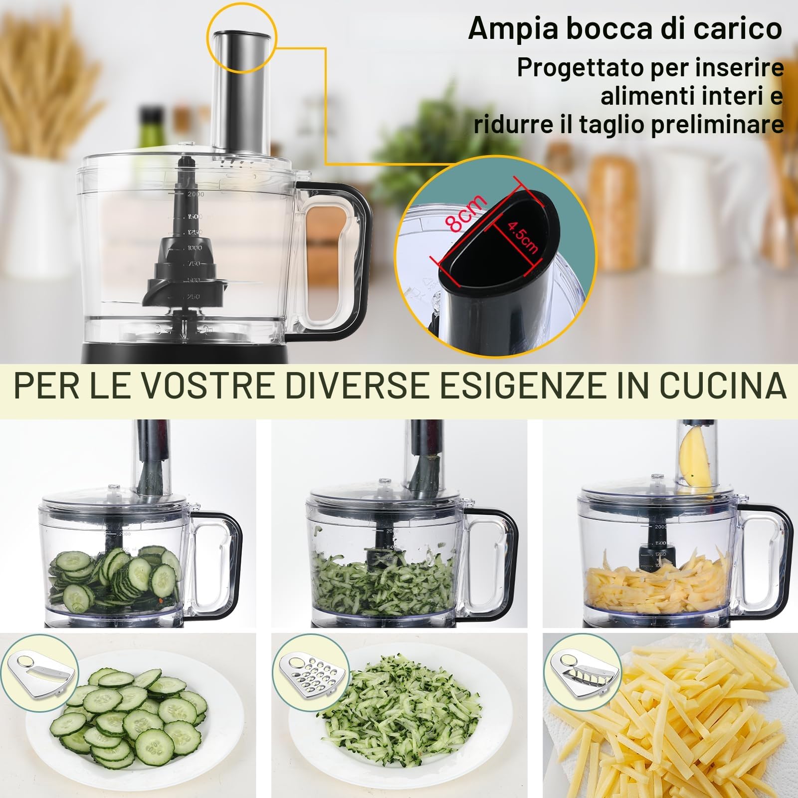 TopStrong Robot da Cucina, 800W Robot da Cucina Multifunzione, 2L Food Processor, 3 velocità Impostazione, con 3 dischi per il taglio a fette, tritatutto, impastatore, frusta,nero