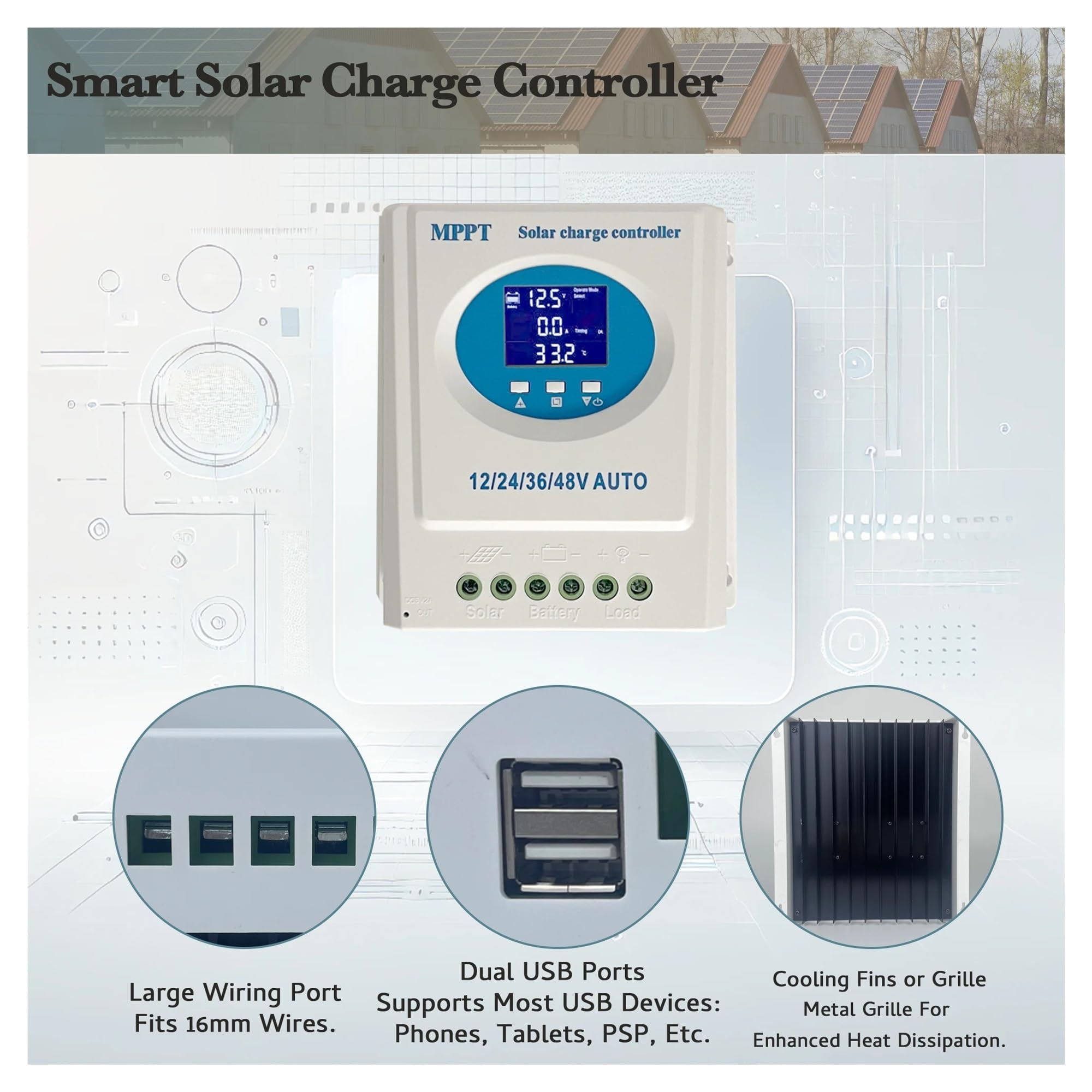 Regolatore di Carica Solare MPPT 150A 100A 60A -12V/24V/36V/48V | 7 modalità automatiche con display LCD doppio USB(100A)