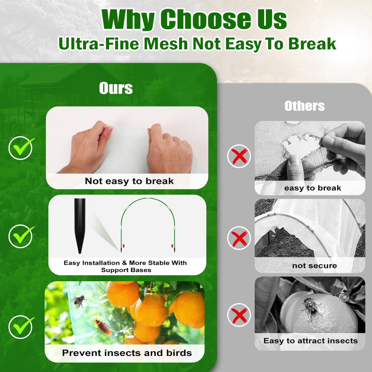 Garden Mesh Netting Kit, 10x30FT White Ultra Fine Netting & 8FT Fiberglass Garden Hoops with Support Bases, Garden Netting with Frame for Raised Beds, Garden Hoops & Netting, Row Cover, Plant Barrier