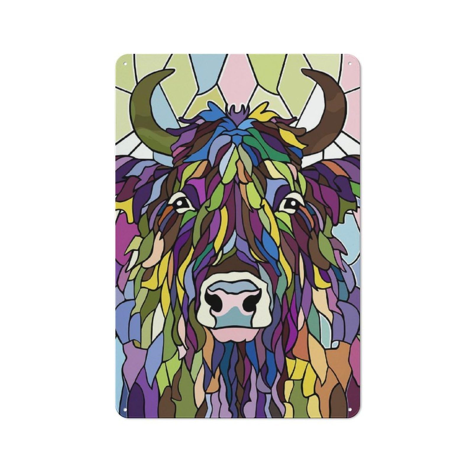Junmoney Style-15 Tin Wall Plaque 30X20cm With Colorful Highland Cow Stained Glass For Workshop Wall, Housewarming Wall Decor For People Furnishing Workshop