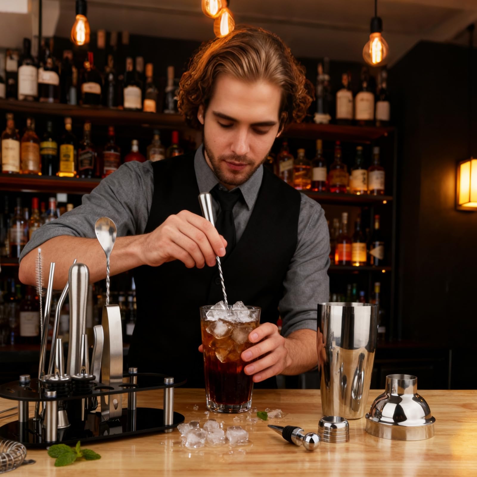 FoiiLiio 16 pezzi cocktail set kit in Acciaio Inox,Boston Shaker Cocktail Set,Kit Barman 750 ML,Professionale Kit Barman Completo,professionale barman set,Set Cocktail Professionale