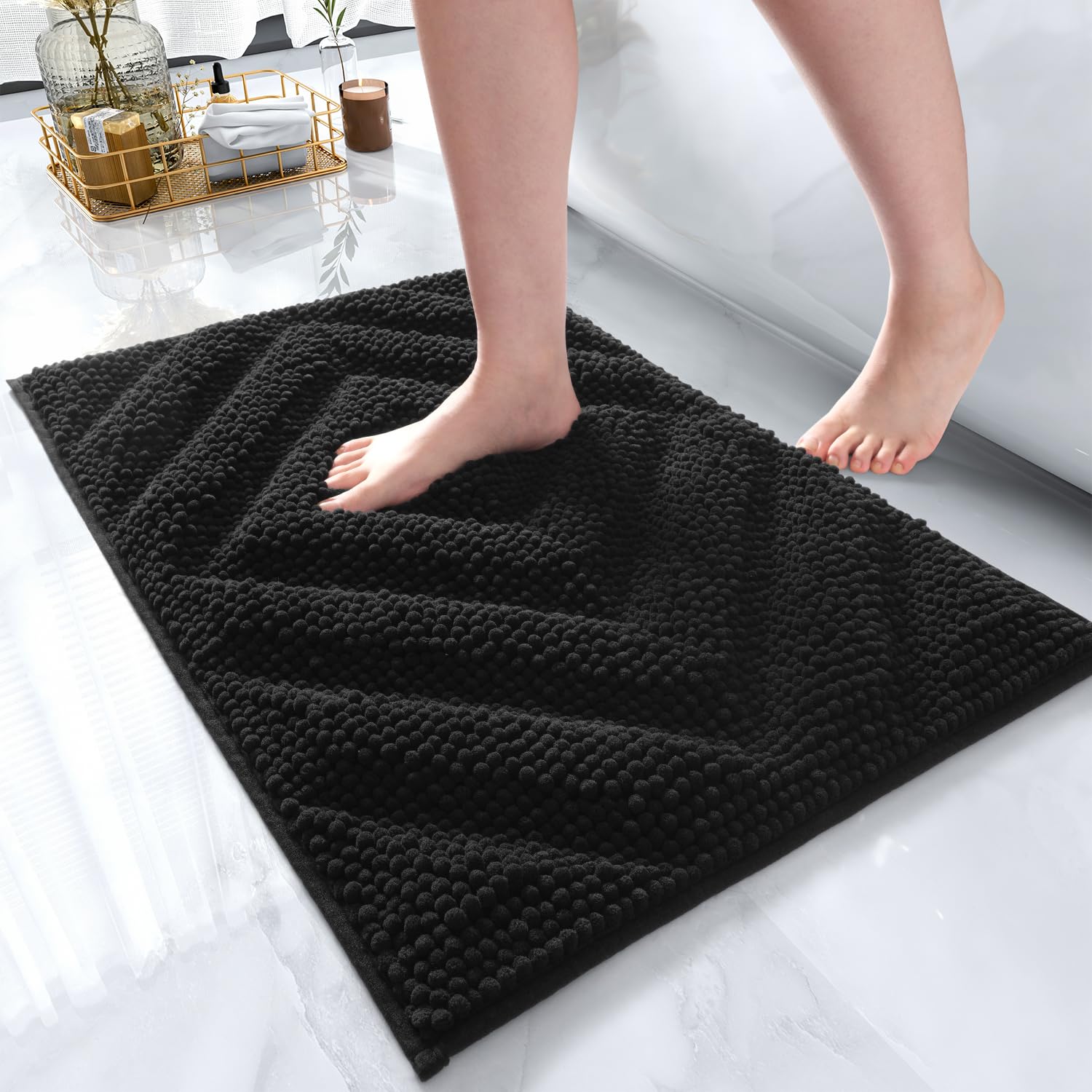 AMOAMIAMOAMI Unique Chenille Bathroom Rugs Super Absorbent Non Slip Bath Mat for Bathroom Floor 3D Tufted Thick Shaggy Bath Rugs Luxury Textured Plush Soft Bathroom Mat, Machine Washable, 17" x 24", Black