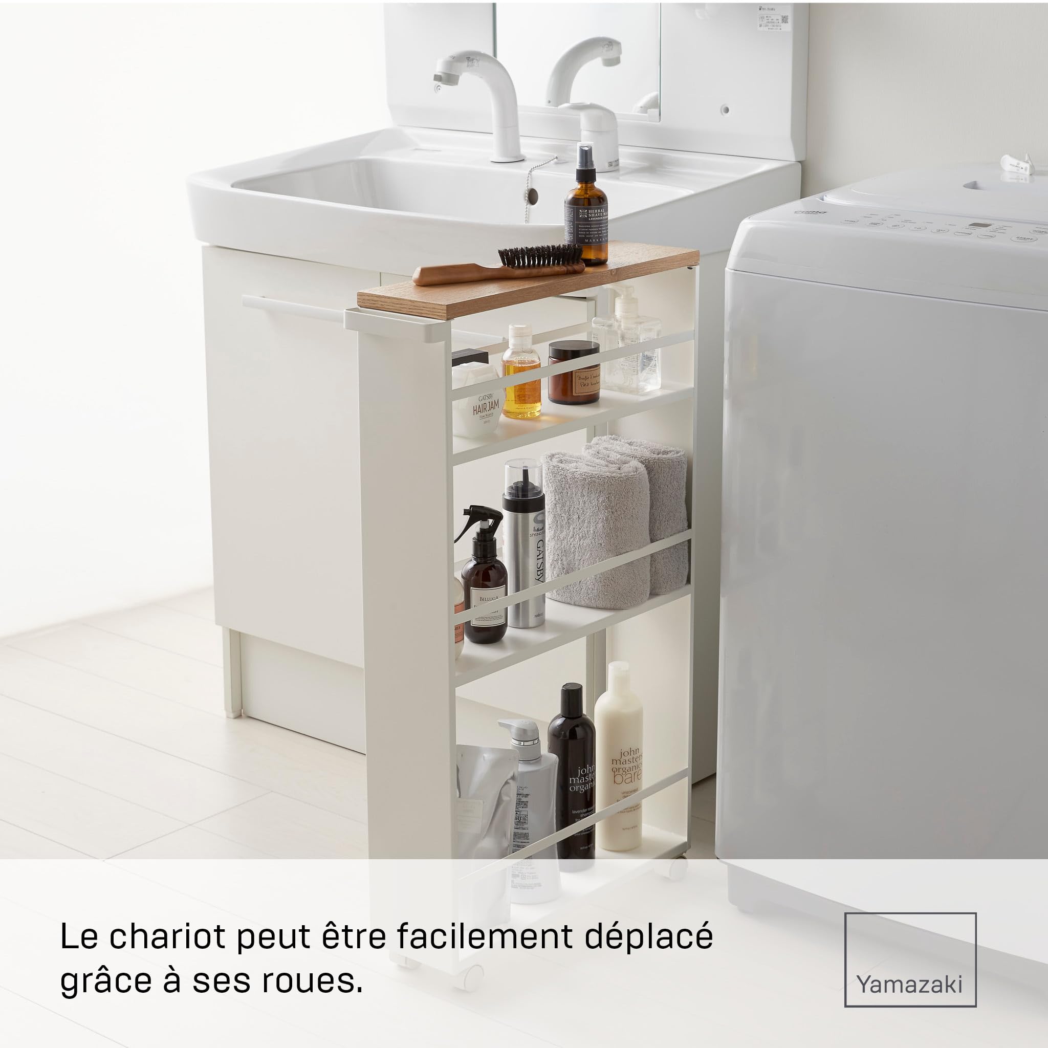 YAMAZAKI 3627 Tower Chariot de Service avec poignée, Blanc, Acier/Bois, Design Minimaliste
