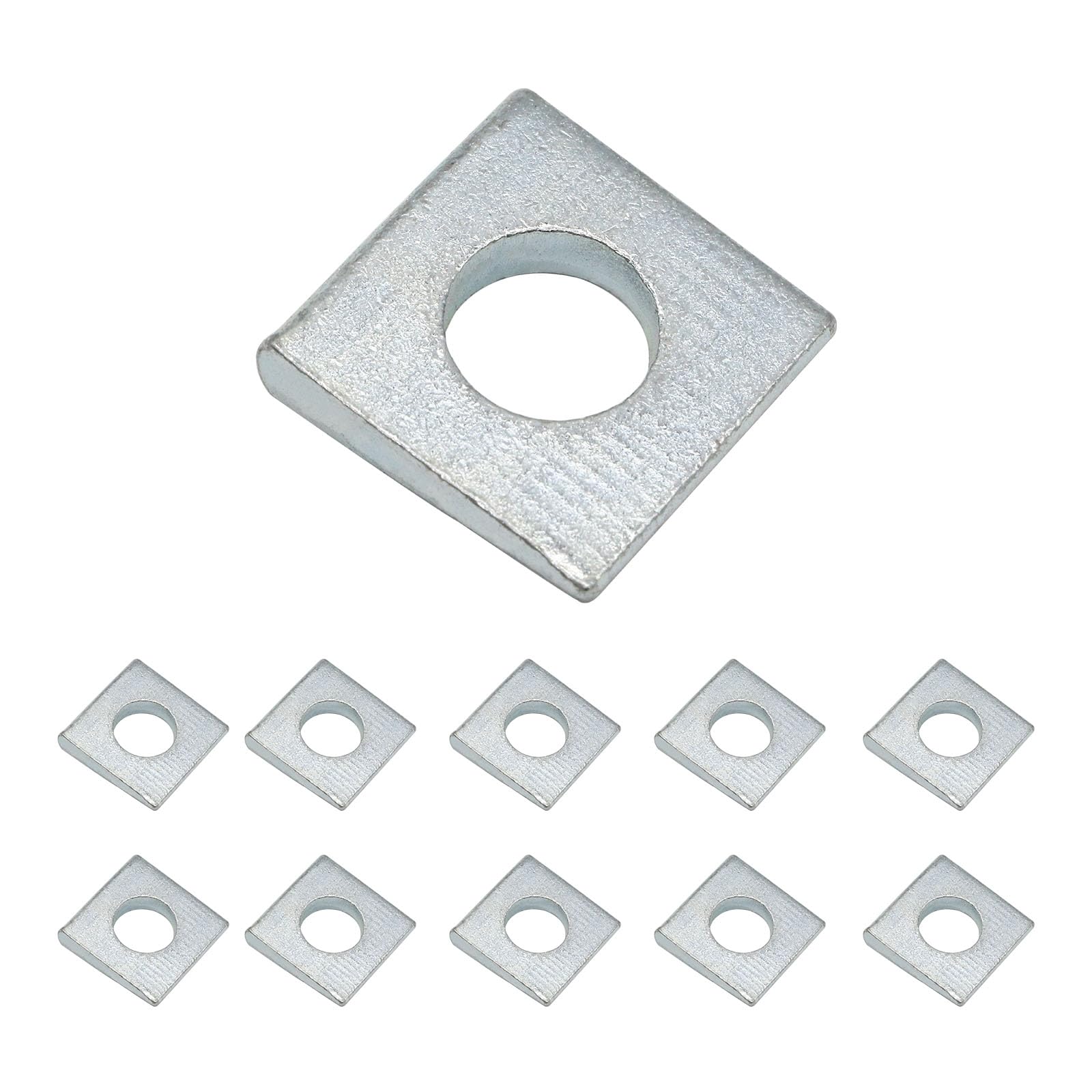 Photo 1 of 10 Pcs 3/8"(ID) Beveled Square Washers, Plain Carbon Steel Galvanized Wedge Shaped Washer, 7/8 x 7/8 Inch Metal Shims for Leveling, 1.5 to 5 mm Thickness, Sliver
