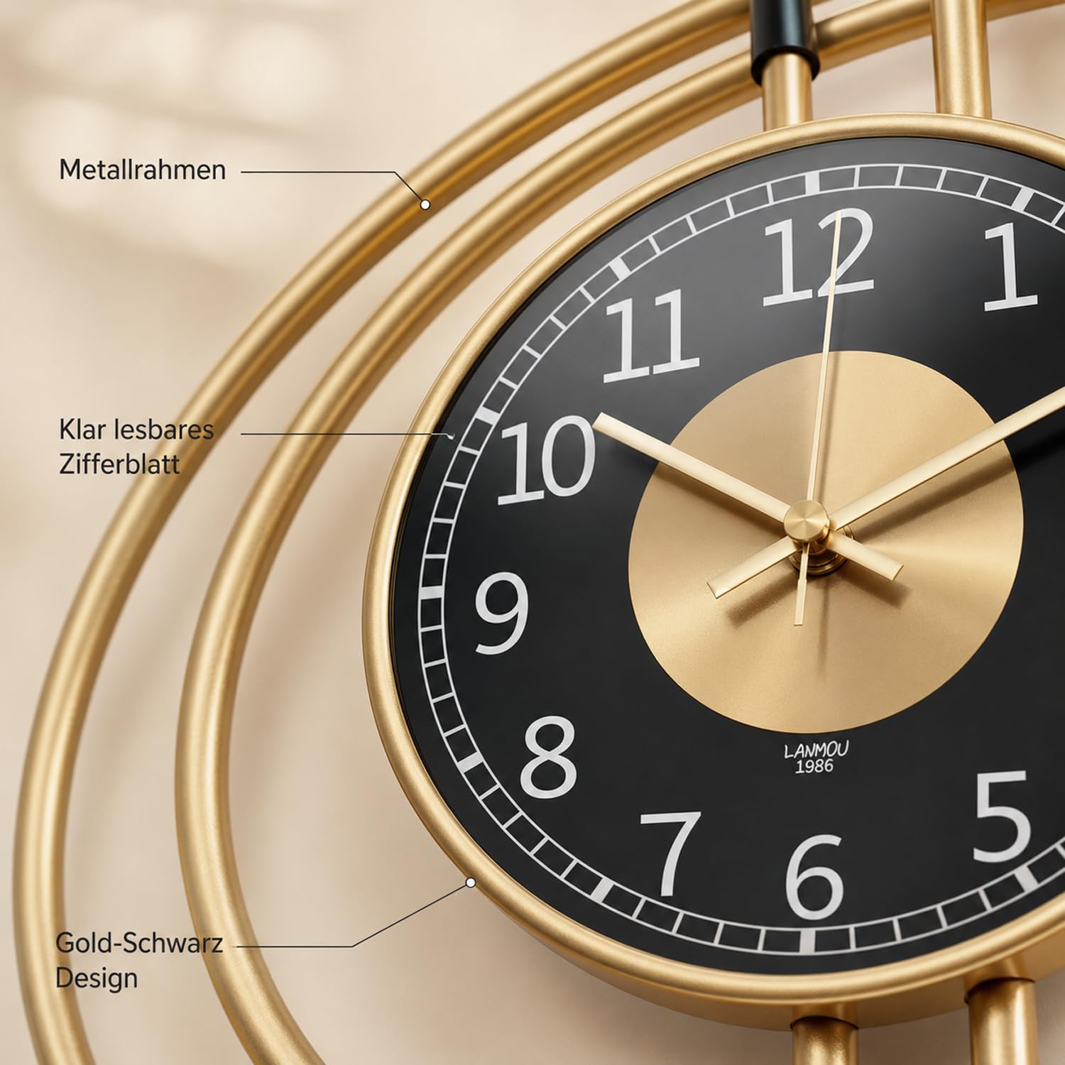 LANMOU Wanduhr Groß Modern 54cm, Gold Schwarz Metall wohnzimmeruhr Deko | Uhr Wand ohne Tickgeräusche, Lautloses Quarzwerk sorgt beim Lesen fuer Ruhe, edle Form, Batterieeinsatz, einfache Aufhaengung