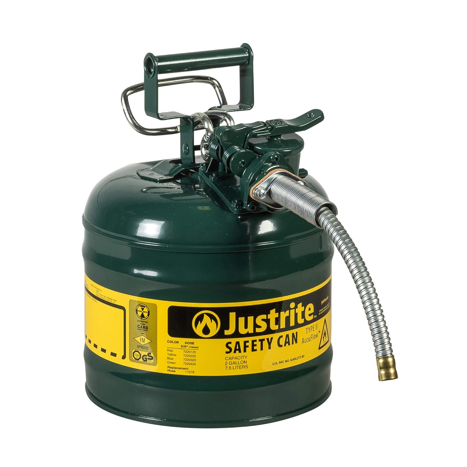 Justrite 7220120 - Galvanized Steel, AccuFlow Type II Red Safety Can with 5/8" Flexible Spout, Large ID zone, Meets OSHA & NFPA For Handling Hazardous liquids. . 2 Gallon (7.5L) Size.: Lawn And Garden Tool Gas Cans: Industrial & Scientific