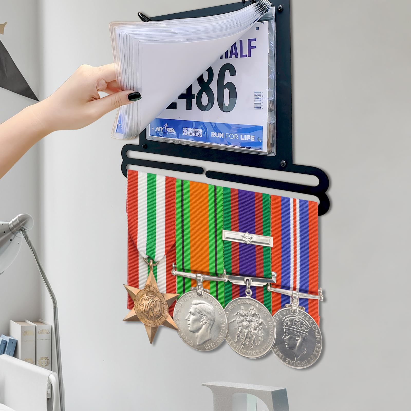 GEMLORD Medal Display Wall Mounted Medal Hanger Race Bib and Medal Holder Hanging Medal Holders for Runners with Bib Holder Display Over 40 Medals and 20 Race Bibs - Image 4