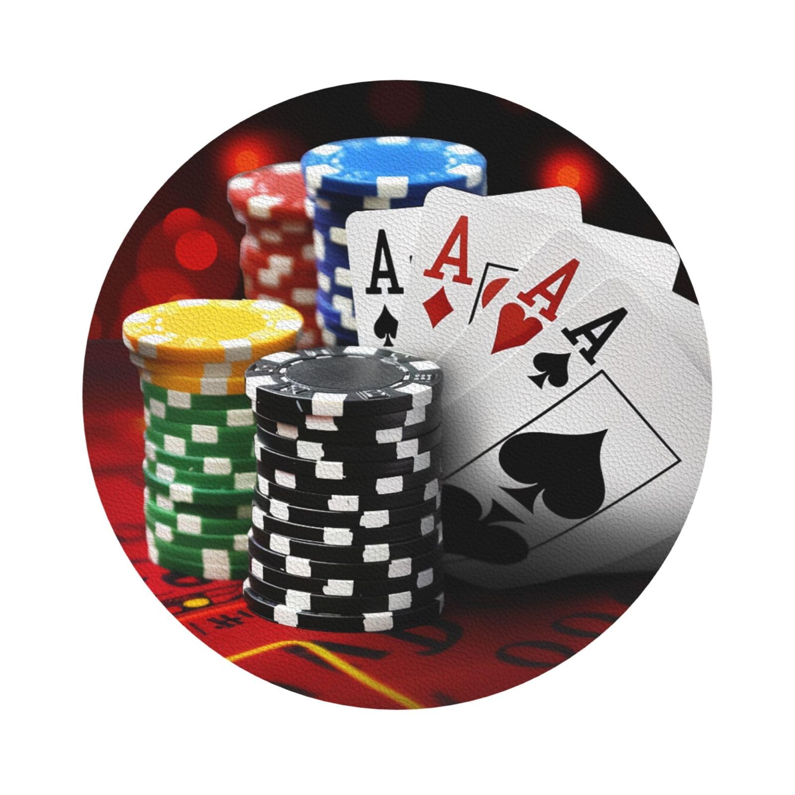 Poker Tournament Print Leather Coaster Set of 6, Round Shape Coasters Table Decorative Coffee Cup Beverage Coasters Wine Beer Bar Coasters for Hot Drinks Table Protection