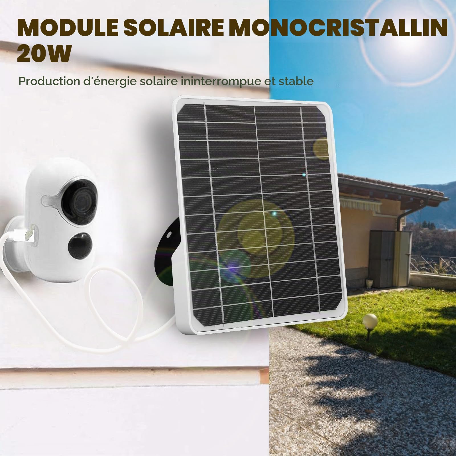 Panneaux Solaires pour Caméras, Panneau Solaire Mural 20 W 5 V Chargeur de Panneau Solaire Monocristallin Panneau Solaire USB pour Caméra avec Câble de de 9,8 Pieds