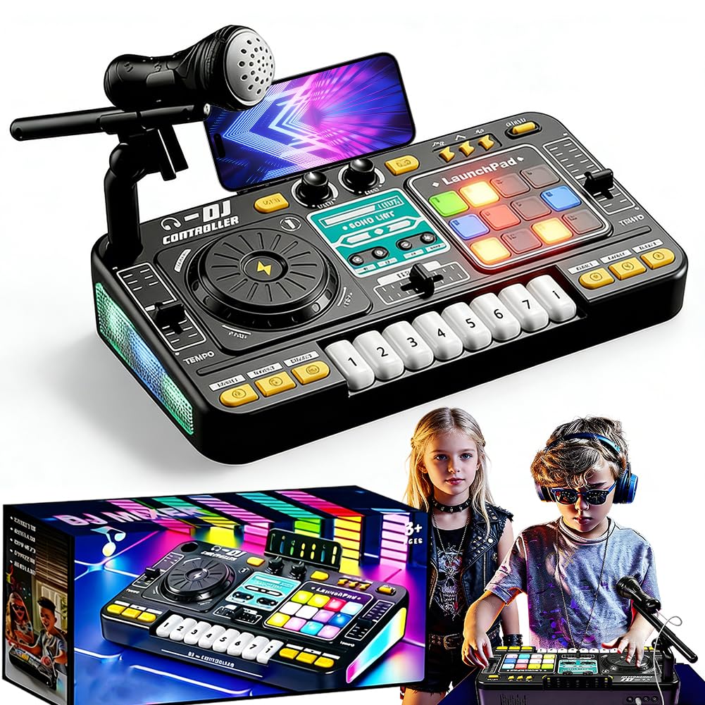 DJ Pult für Kinder, DJ Mischpult, DJ Mixer, Tragbare DJ Controller mit Verstellbarem Mikrofon & Dynamischen Lichteffekten, Geschenk für DJ-Anfänger Jungen Mädchen 3-12 Jahre