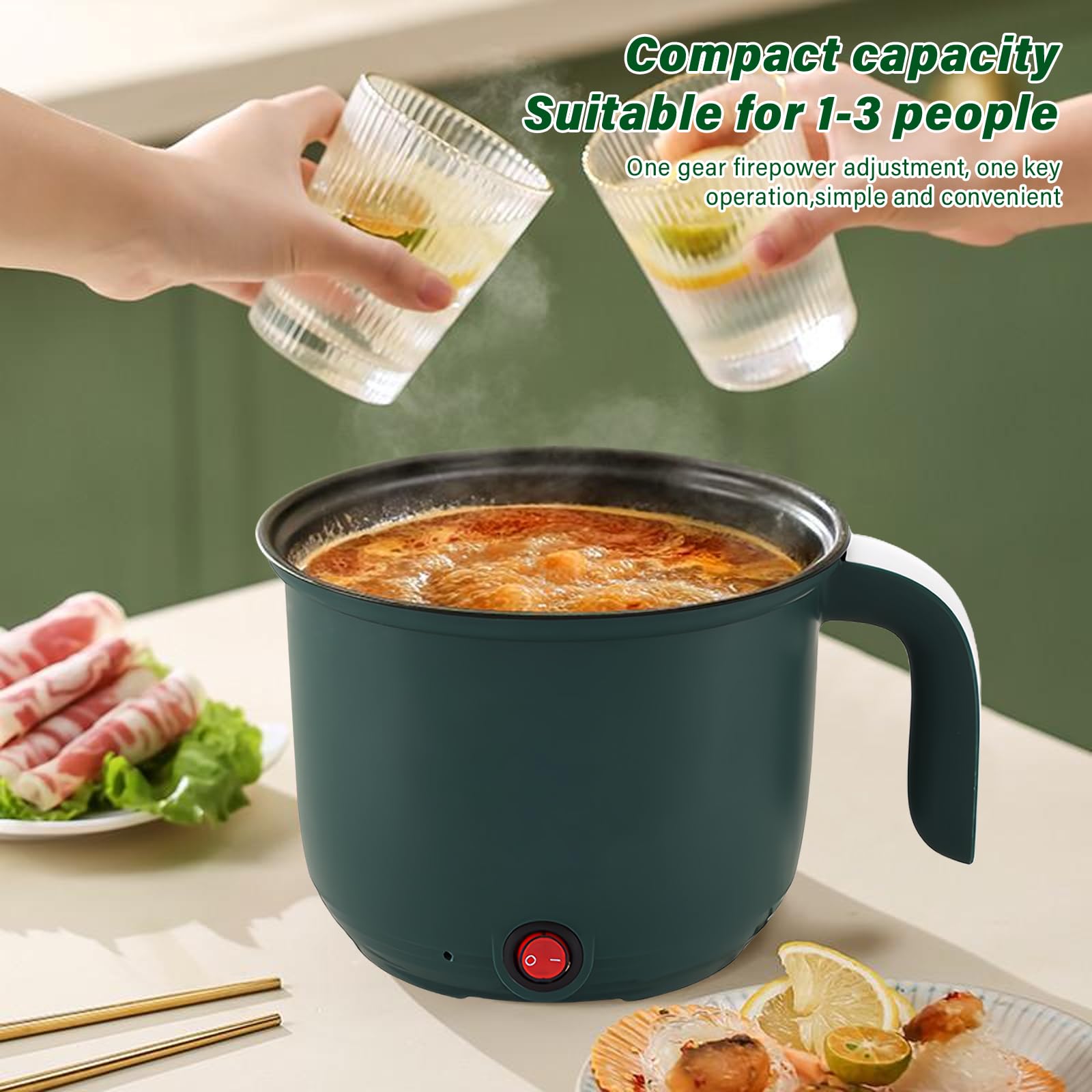 GOMETY Elettrico Hot Pot, 1.5L Elettrico Hot Pot con Vaporiera Mini Antiaderente Portatile Elettrico Casseruola Rapido per Ramen Multicooker per Zuppa, Pasta, Fiocchi d'Avena, Uova, Pasta