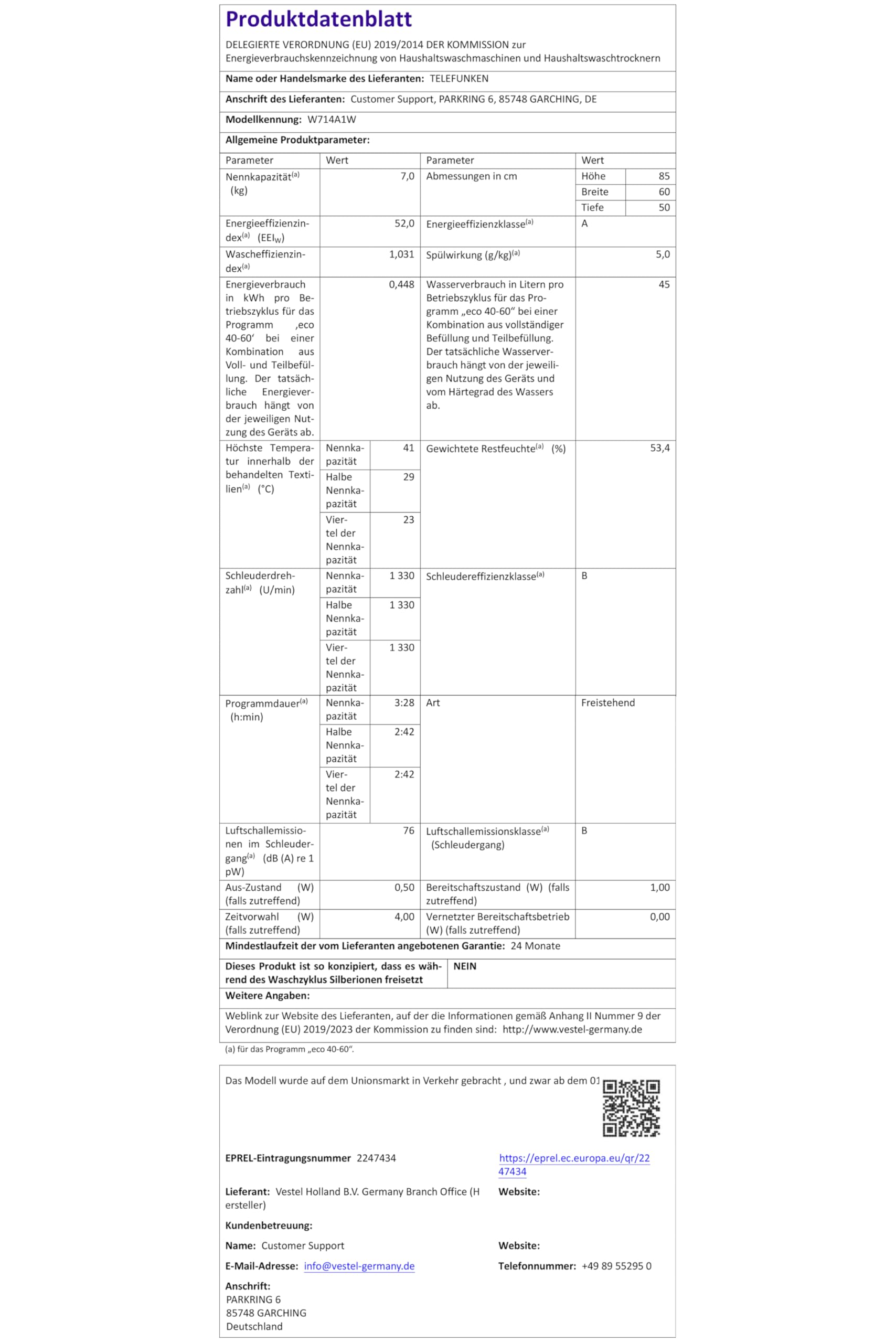 Telefunken W714A1W Waschmaschine 7kg Frontlader 1400 U/Min. EEK A | Inverter Motor - Leise & Effizient, Schontrommel aus Edelstahl, Startzeitvorwahl, Washing Machine, 15 Programme, weiß