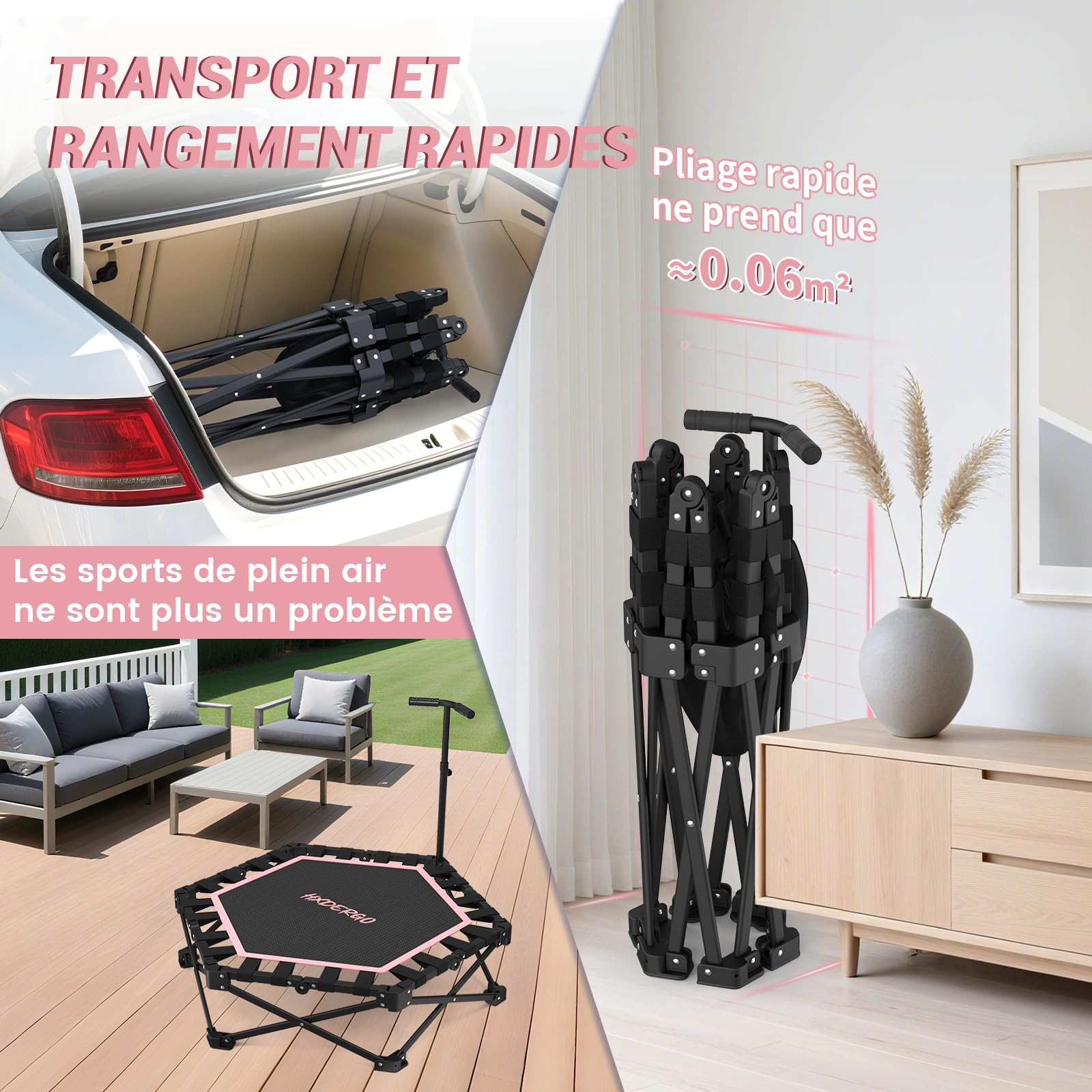 HXD-ERGO Trampoline de Fitness avec poignées réglables, Mini Trampoline de Saut Pliable pour Adultes, diamètre 106 cm