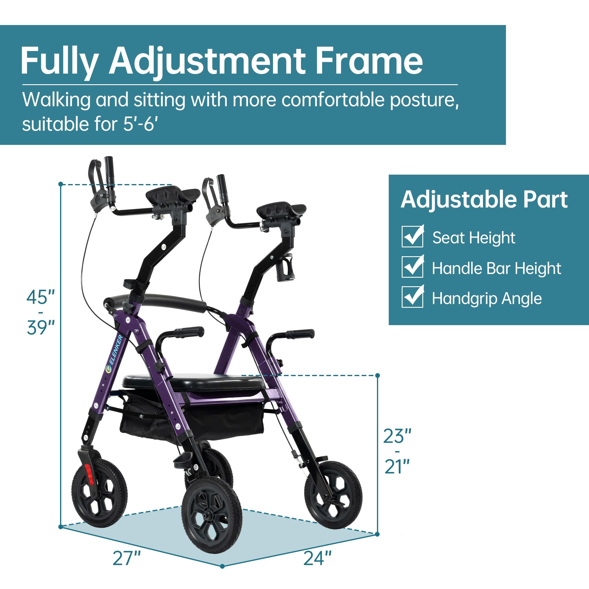 ELENKER All Terrain Heavy Duty Upright Walker with Extra Wide Seat, Foldable Aluminum Bariatric Stand Up Rolling Walker, 10” Wheels, Fully Adjustment Frame, Support up to 500 lbs for Seniors, Purple