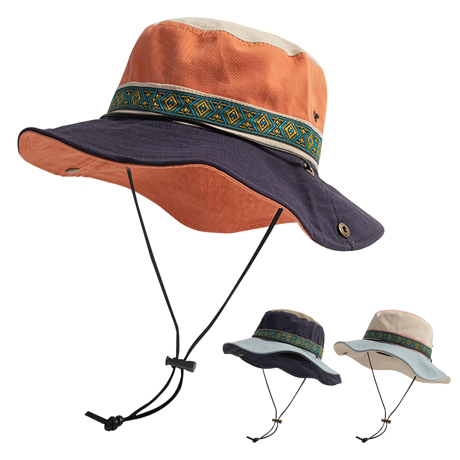 TAGVO Sombrero de Sol Sombrero de Algodón para Unisex, Sombrero de Pesca Cordón Cortaviento Ajustable, Sombrero de Safari Sombrero Vaquero Vintage Protección UV Gorra de Jungla UPF 50+