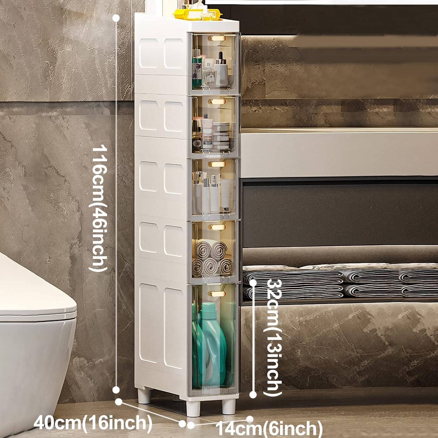 Cassettiera impilabile con cassetti in plastica e rotelle, organizer da pavimento stretto alto e sottile, per bagno o camera da letto, torre a 3/4/5 ripiani per carta igienica, robusto e salvaspazio