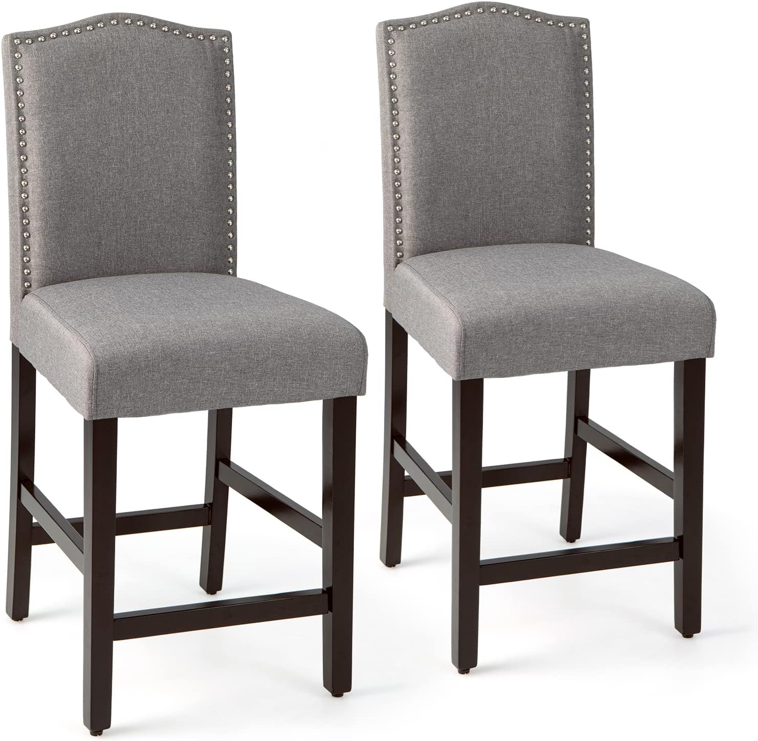 COSTWAY Bar Stools Set of 2, Linen Upholstered Counter Height Chairs with Solid