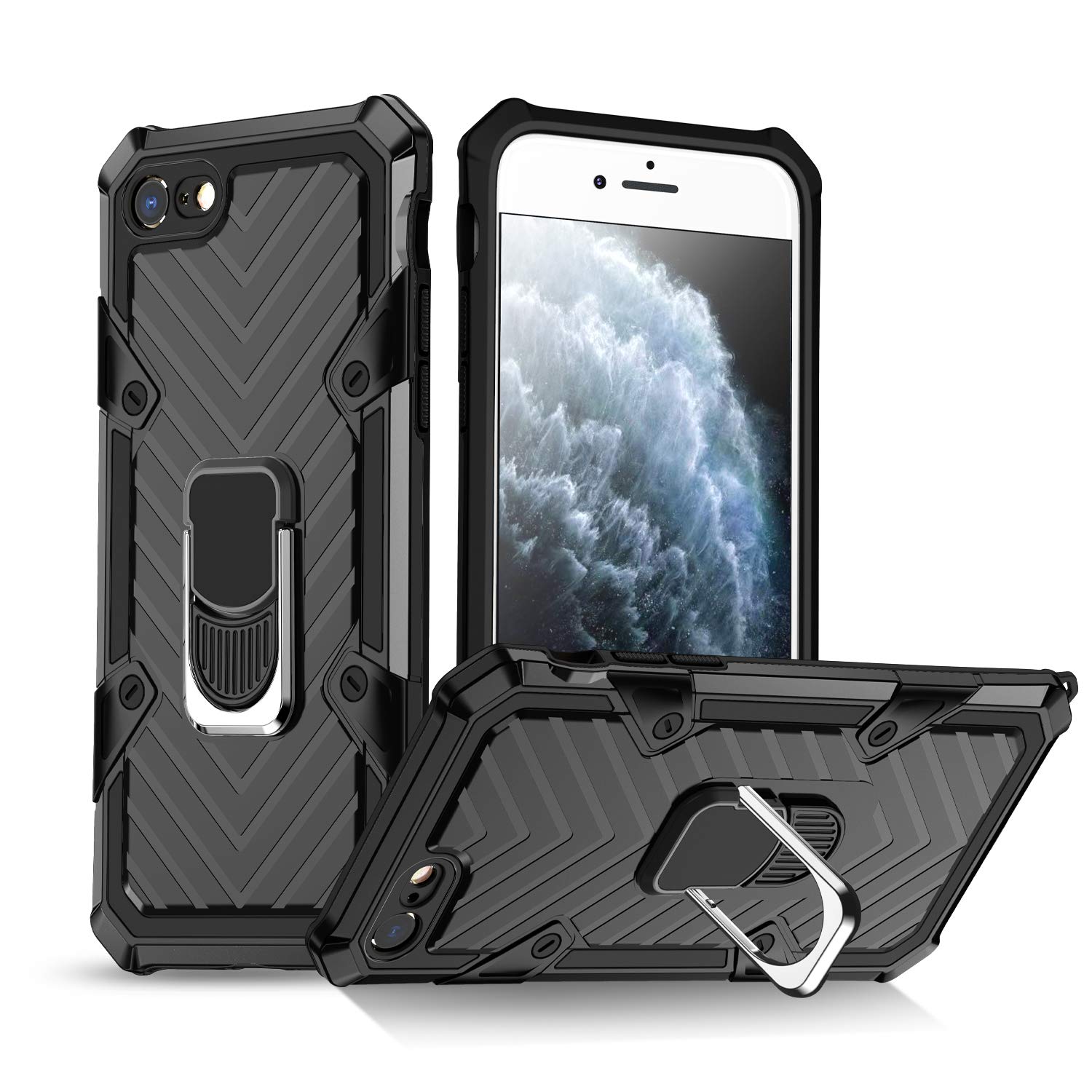Phone Case for iPhone SE 2020/7/8 Shockproof Cover with Ring Holder Upgrade Armor Designed Durable Soft TPU Protective 360 Degrees Rotation Ring Grip,Black