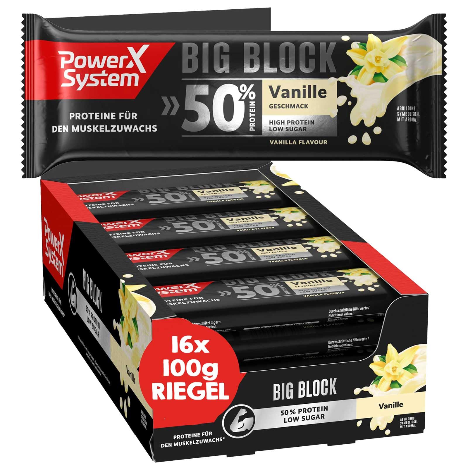 Power System Big Block Vanille, 50 g Protein pro Eiweißriegel, 16 x 100g | Proteinriegel mit 50 % Eiweiß und wenig Zucker, für den Muskelaufbau, Maxi-Portion