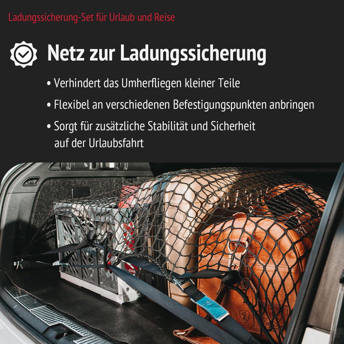 8-teiliges Set zur Ladungssicherung für Urlaub und Reise | Enthält Spanngurte, Netz zur Ladungssicherung, Antirutschmatte | Sicherheit in Auto, Wohnmobil, Camper | Dachboxen geeignet