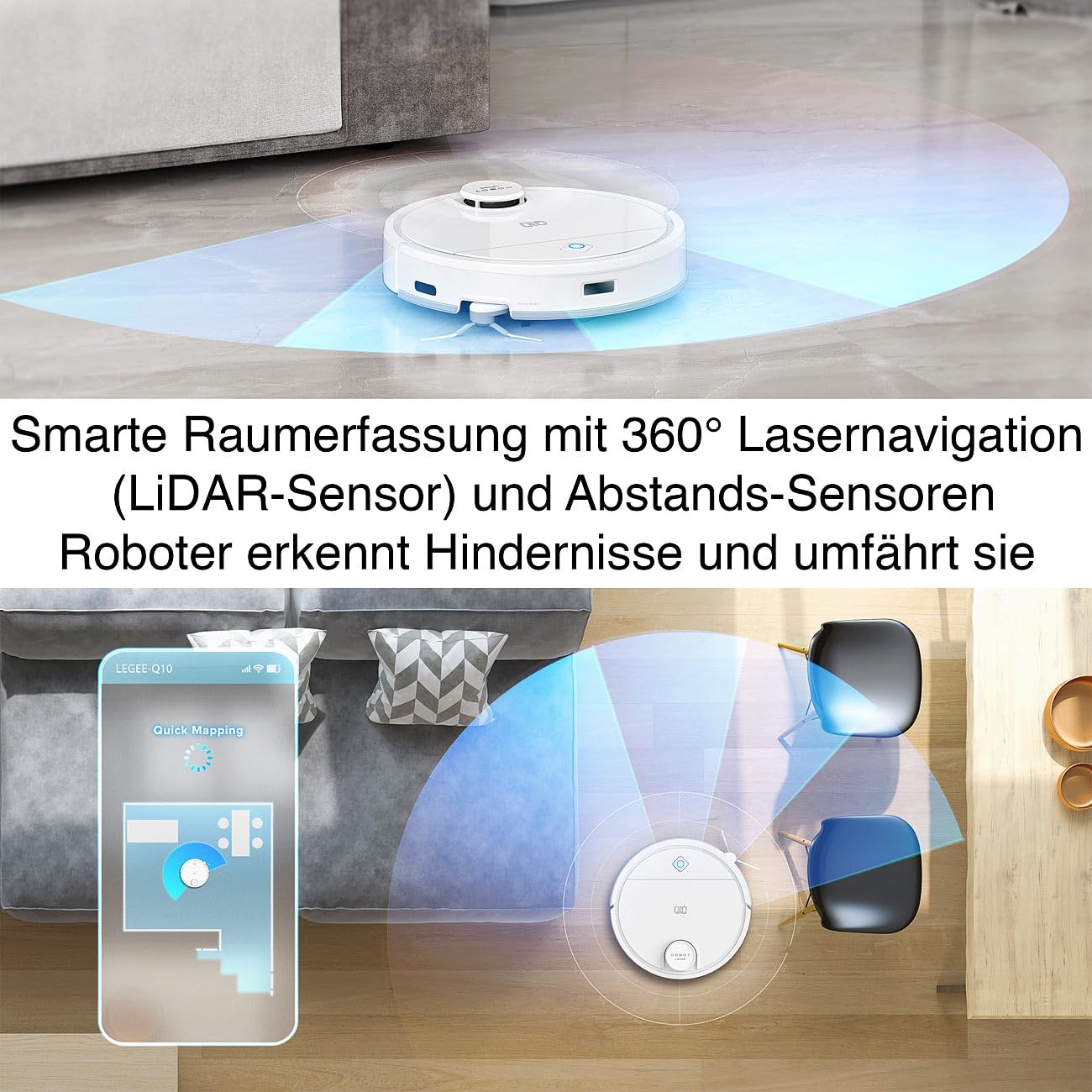 Sichler Haushaltsgeräte Staubsaugerroboter: HOBOT LEGEE Q10 Multiroom-Wisch- und Saugroboter, WLAN, Lidar, 5000 Pa (Saugroboter mit Ladestation, mit Sprühfunktion, iPad)