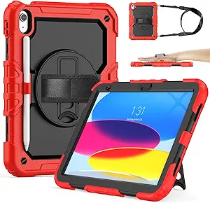 Sibeitu for iPad (A16) 11th/ 10th Generation Heavy Duty Case 10.9 Inch 2025/2022 with Screen Protector, Military Grade Defender Protection, Rugged Shockproof Cover with Stand & Strap, Red
