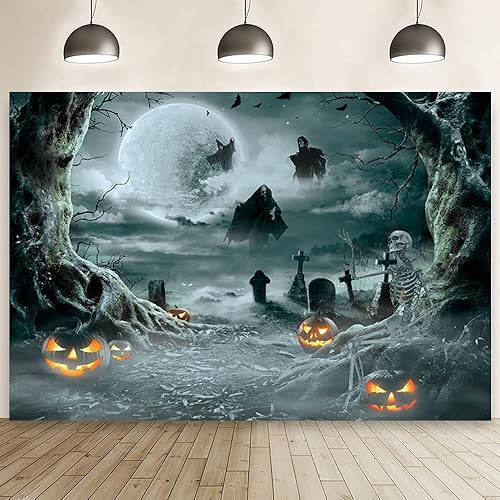 Miniatura 8 de AIBIIN Telones de fondo de fotos de Halloween de 7 x 5 pies, fondo de noche de luna y bruja negra para fotografía, otoño, aterrador, farol de