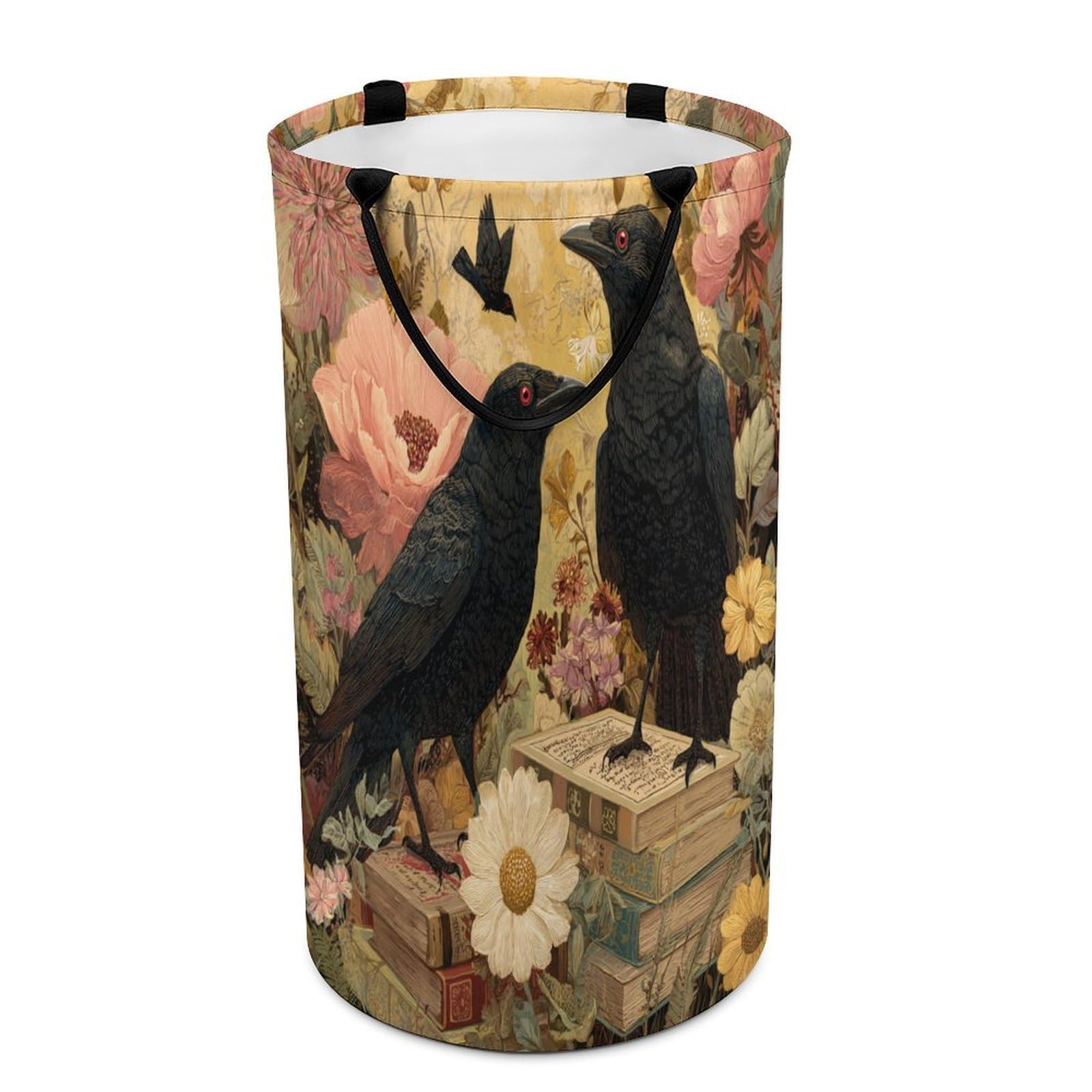 LUYYSKY Rustic Abstract Animal Crow Collapsible Dirty Clothes Basket, Classic Gothic Watercolor Wildlife Raven Plant Daisies Floral Books Portable Clothes Storage Laundry Basket-40 CM Dia, 69 CM High