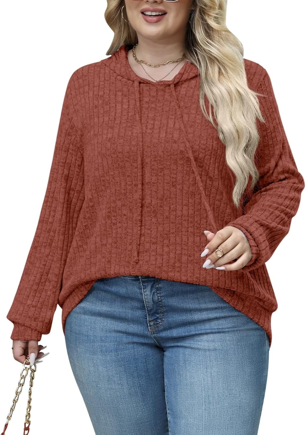 Womens Plus Size Lightweight Ribbed Knit Hoodie Sweaters Casual Long Sleeve Pullover Tops for Fall Winter L-4XL - Image 2