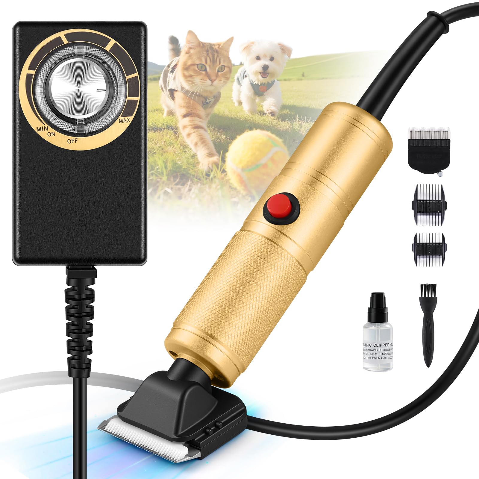 Moongiantgo Tondeuse pour Chien Professionnelle 300W, Vitesse Réglable 2000-6000RPM, Lames Céramique Amovibles, Tondeuse Animaux avec 1 Lame Supplémentaire & 2 Peignes (Doré)