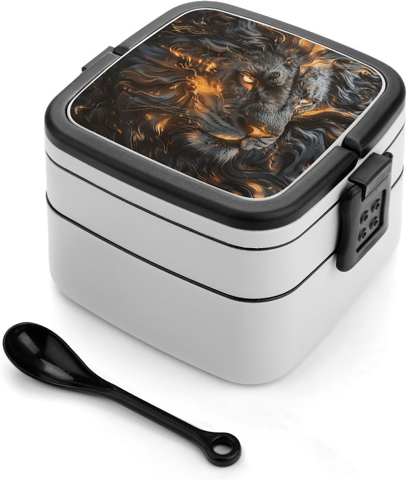 Double Layer Lunch Box with Handle- 1000ml Stackable Food Container with Dividers, Leakproof Lion with Fire Bento Box for Office, Picnic & Travel
