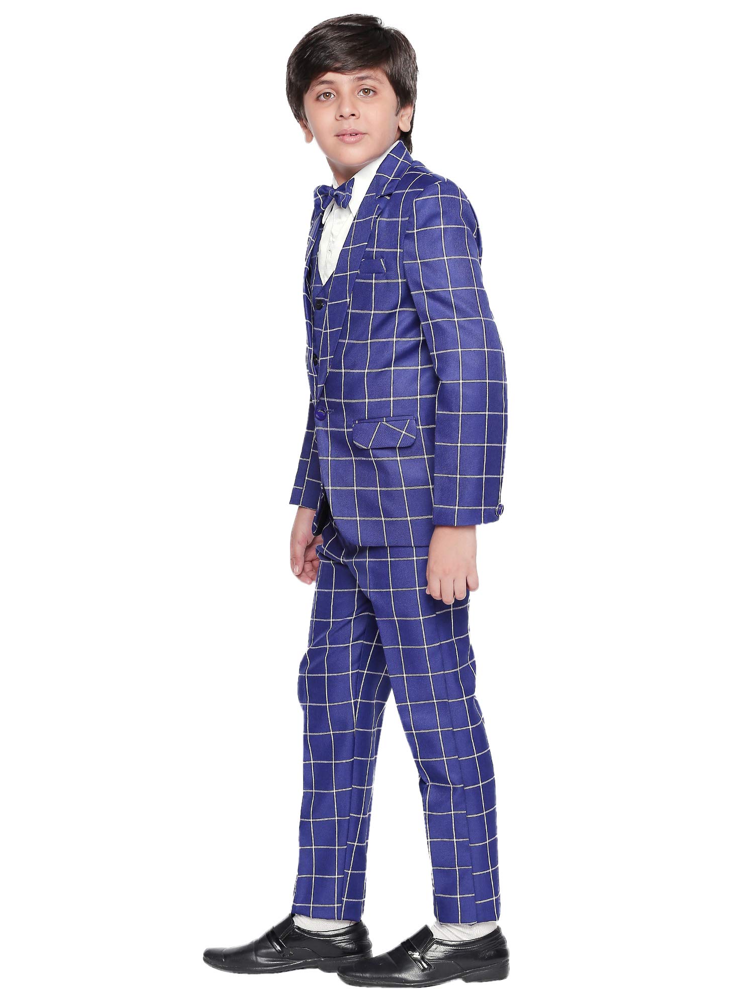 Jeetethnics Boys Navy Blue Checked Coat Suit Set with Waistcoat Shirt and Trousers (9048BNJ)