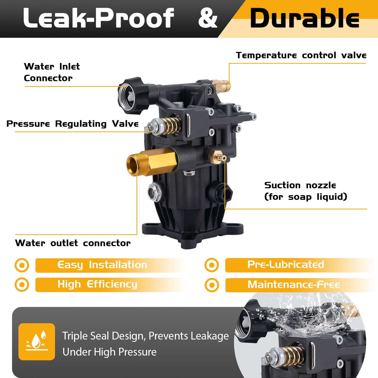 Pompe de nettoyeur haute pression à arbre horizontal de 1,9 cm - Pompe de surpression d'eau de 3300 PSI de rechange avec 5 buses et joints étanches (compatible avec les modèles Honda à arbre
