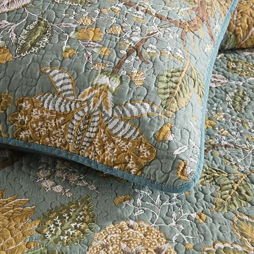 Miniatura 6 de ENASAL Juego de colcha de algodón reversible, juego de ropa de cama reversible, colcha vintage floral de granja pastoral turquesa, tamaño Queen