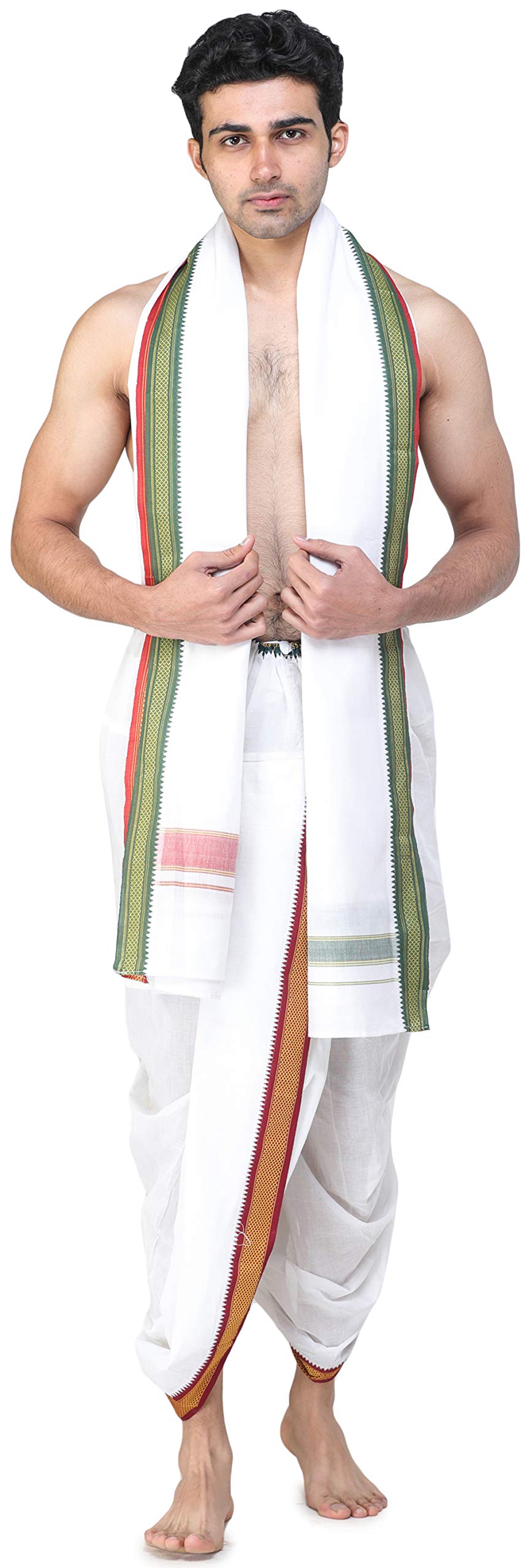 exotic india Ready to Wear Men's Cotton Dhoti and Angavastram Set with Woven Temple Border-picture-40