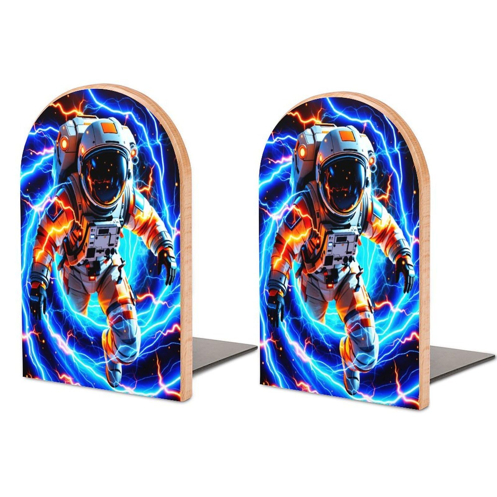 Cool Astronaut Solid Beech Wood Bookends, Decorative Book Ends for Shelves, Non-Skid Desktop Book Organizer for Home Office, Library Decor (1 Pair, 4.7" X 6.7")