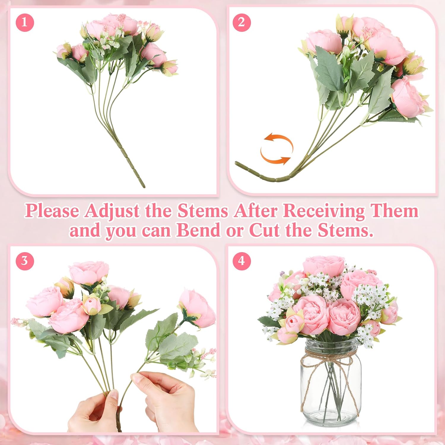 Zeyune 12 Sets Mason Jar Centerpiece Table Decorations, Artificial Peony Baby's Breath Flower Bouquets, Faux Flowers with Vase, Rustic Decor Gifts for Home, Wedding, Holiday (Light Pink)