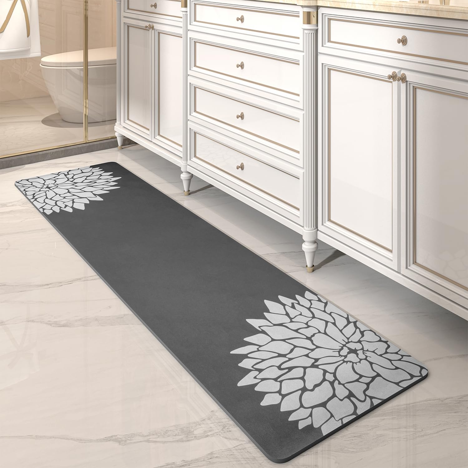 Alfombra de baño de 17 x 67 pulgadas de largo, antideslizante, absorbente, sin manchas, de secado rápido, fina, suave, tierra de diatomeas, alfombra de baño estética, floral, grande, para tocador,