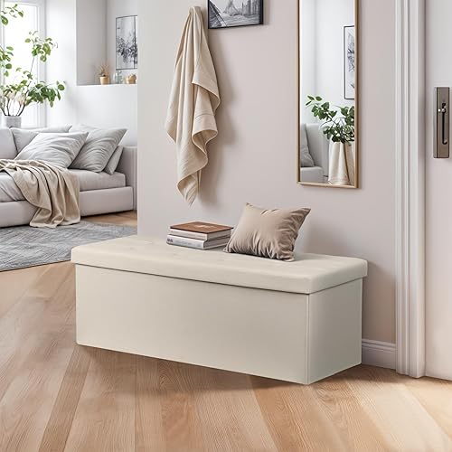 Miniatura 12 de ZenStyle Banco otomano de almacenamiento de 43 pulgadas, reposapiés plegable con asiento acolchado, baúl de almacenamiento largo para zapatos con