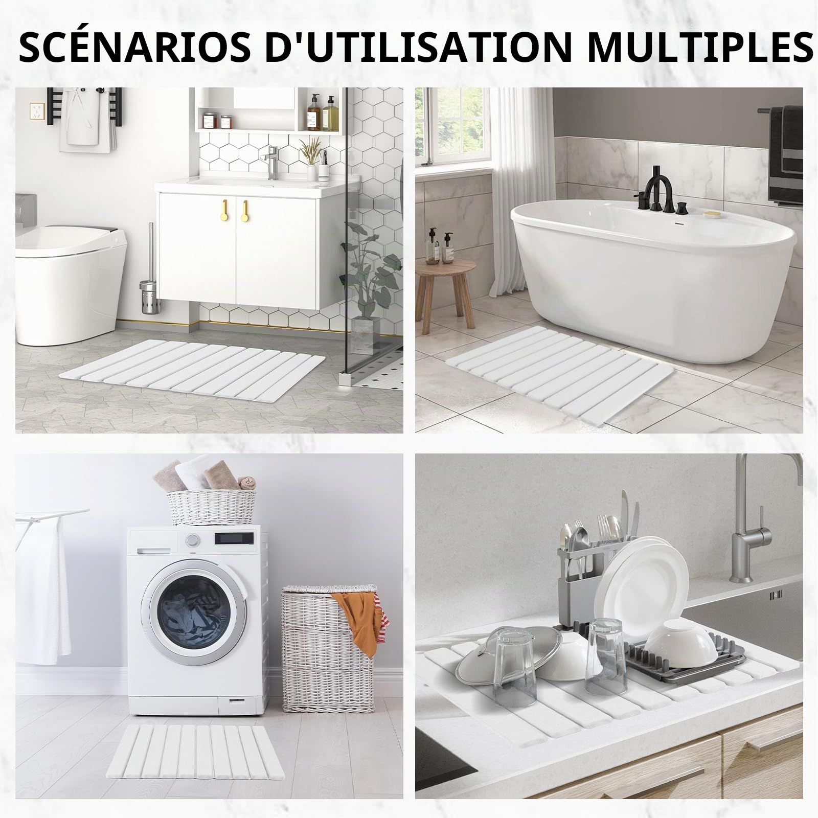 Tapis de Bain en Pierre 39 x 60 cm, Tapis de Salle de Bain, séchage Rapide, Peut être utilisé dans la Cuisine, Pliable pour Le Stockage, Tapis d'égouttement pour la Vaisselle (Blanc)