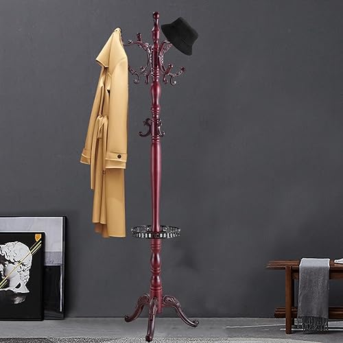 Miniatura 16 de Percheros de pie con 14 ganchos, perchero de madera natural con base redonda sólida, percheros de altura ajustable, fácil montaje para pasillo,