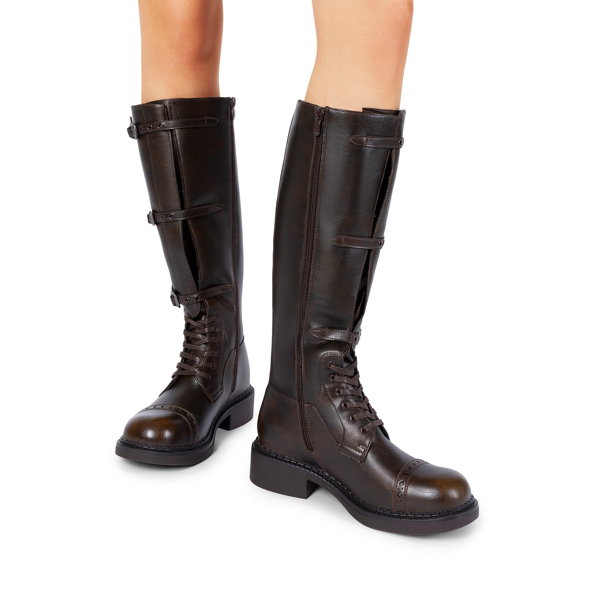 DREAM PAIRS Damskie kozaki do kolan buty bojowe gotyckie sznurowane regulowane klamry masywne niski obcas jesienne botki z bocznym zamkiem błyskawicznym do zakładania i zdejmowania