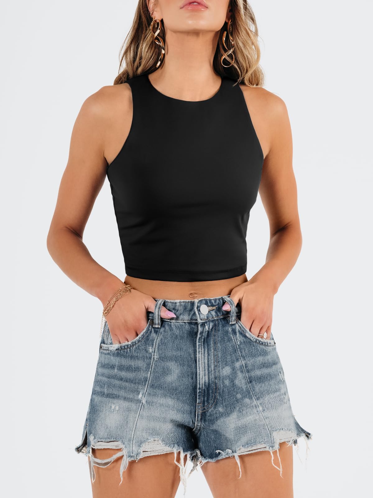 EFAN Womens Sexy Sleeveless High Neck Crop Tops Workout Cute Racerback Cropped Tank Tops Summer Clothes Teen Girls