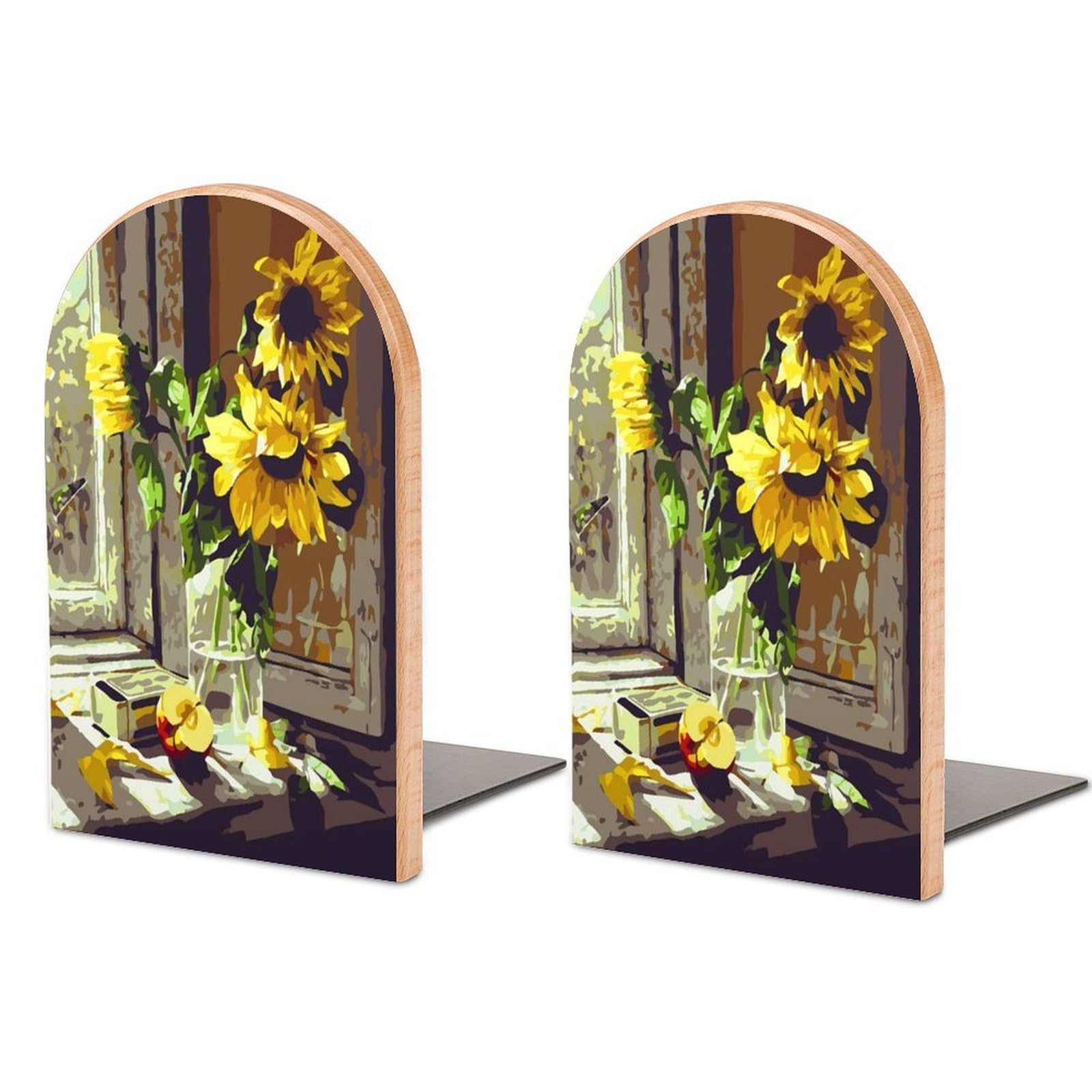 Sunflower Beech Wood Bookends Heavy Duty Book Organizers Desktop File Holder for Office Home Bookshelf