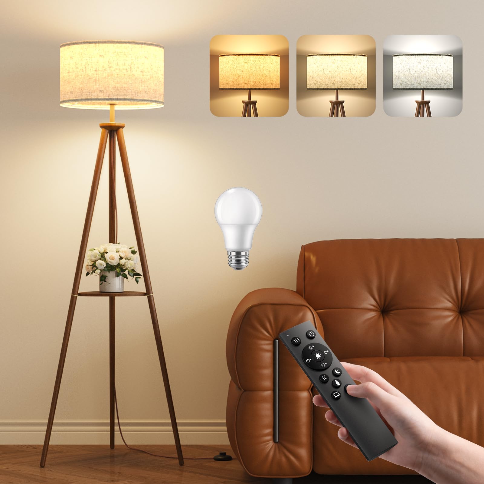 Tripod Floor Lamp with Storage Shelves - 12W Solid Wooden Standing Lamp with E27 Bulb & Remote Control, Corner Lights for Living Room, Bedroom, Dark Brown - Triangular Shelf